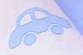 Pościel niemowlęca z wypełnieniem (75x100, 30x40) białe kropeczki na niebieskim tle z autkiem aplikacja